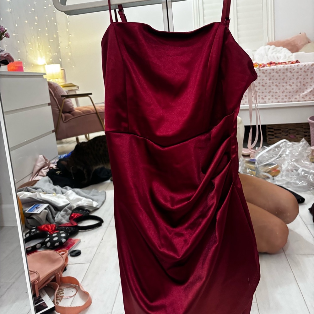 red silk mini dress